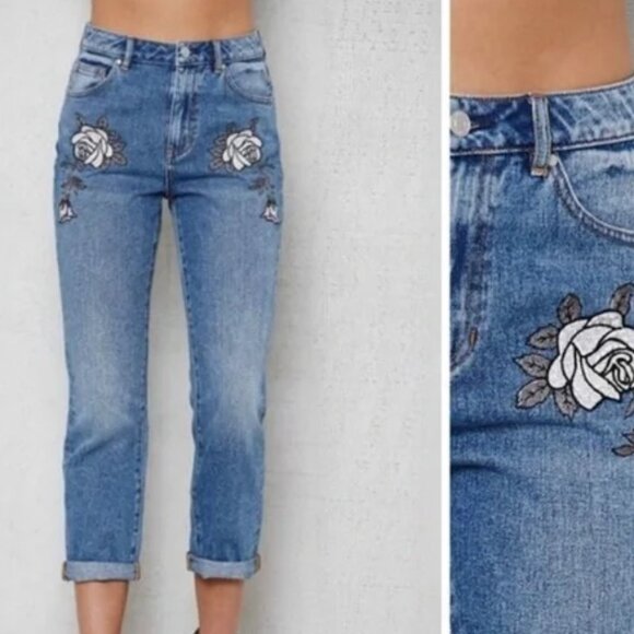 PacSun Denim - PacSun Mom Jeans Liberty Wash High Waist Embroidered Floral Ankle Length, Sz. 25